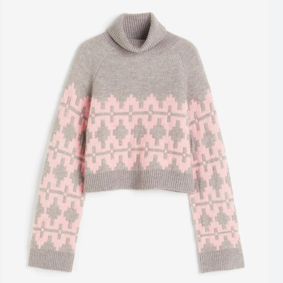 H & M Jacquard-Knit Turtleneck Cropped Sweater Pink Gray Patterned Women's Sz XS - Picture 1 of 9